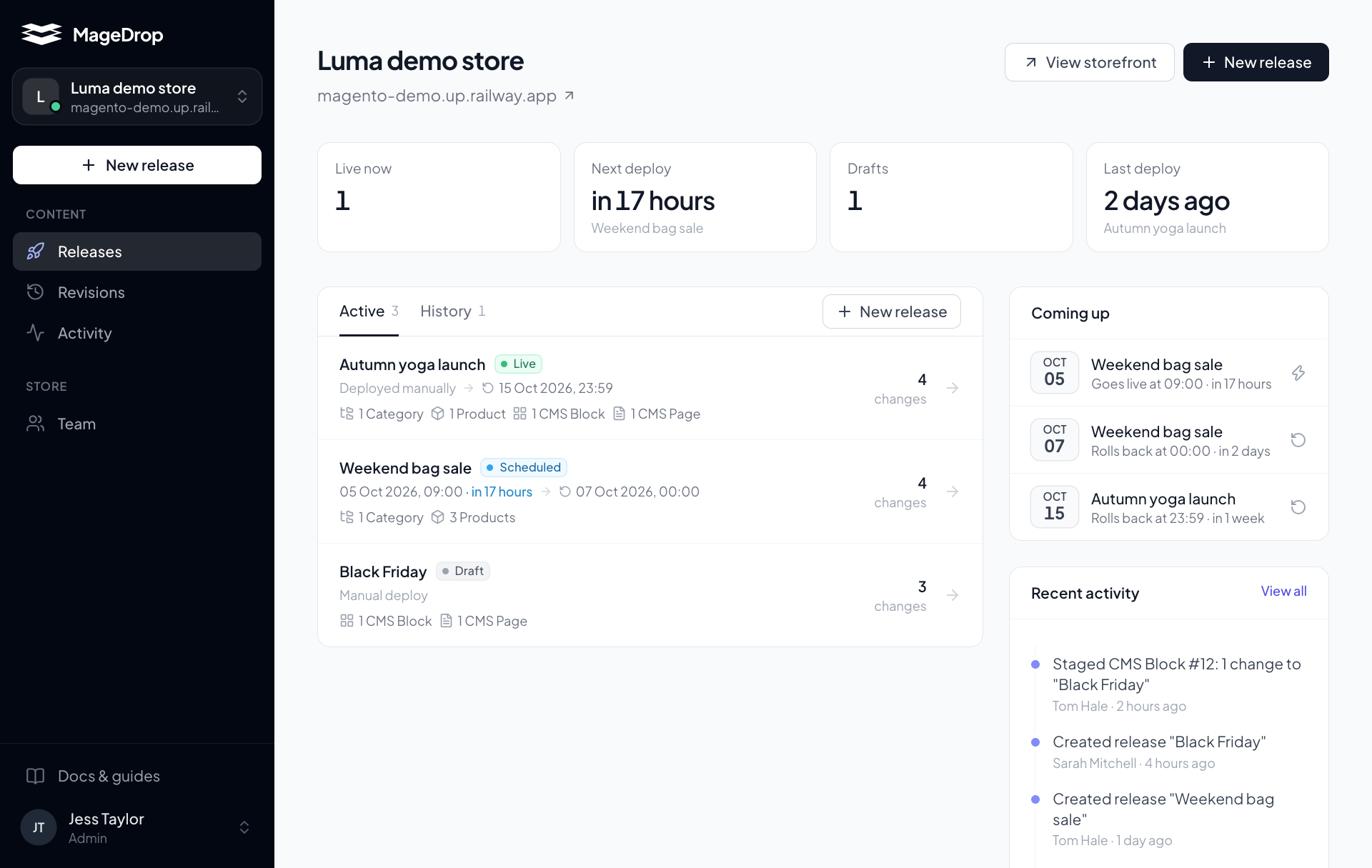 The MageDrop dashboard for a store: live, scheduled and draft releases, what each one changes, the upcoming deploy and rollback schedule, and recent team activity.