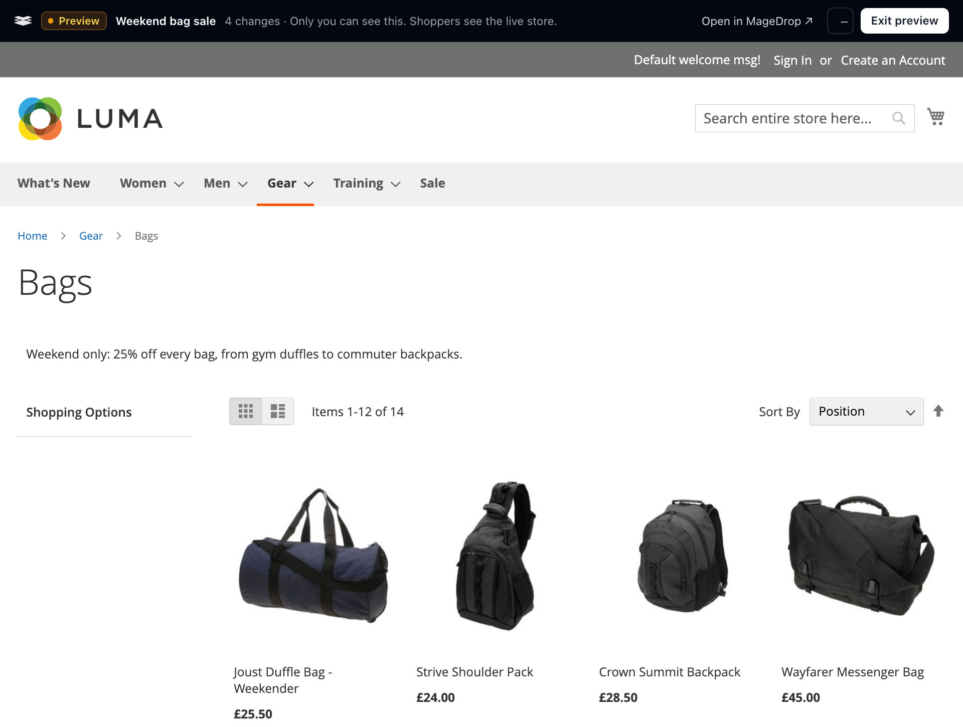 The Luma storefront in preview: the MageDrop bar shows the Weekend bag sale release with 4 changes, and the Bags page has the staged sale prices and copy.