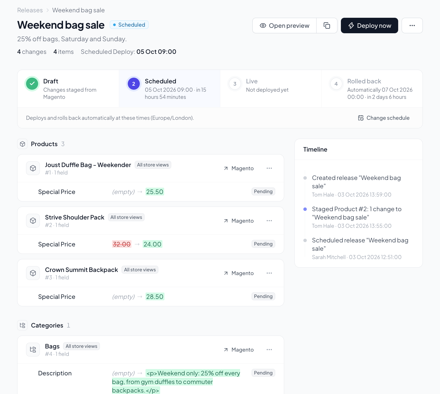 A scheduled release in MageDrop listing every staged change by product and category, each field with its live value struck through and the new value beside it.