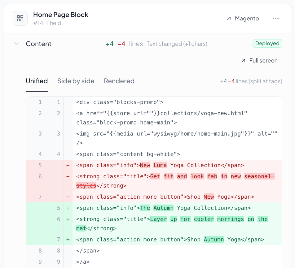 A line diff of a homepage change in MageDrop: removed lines in red, added lines in green, with the exact changed words highlighted.