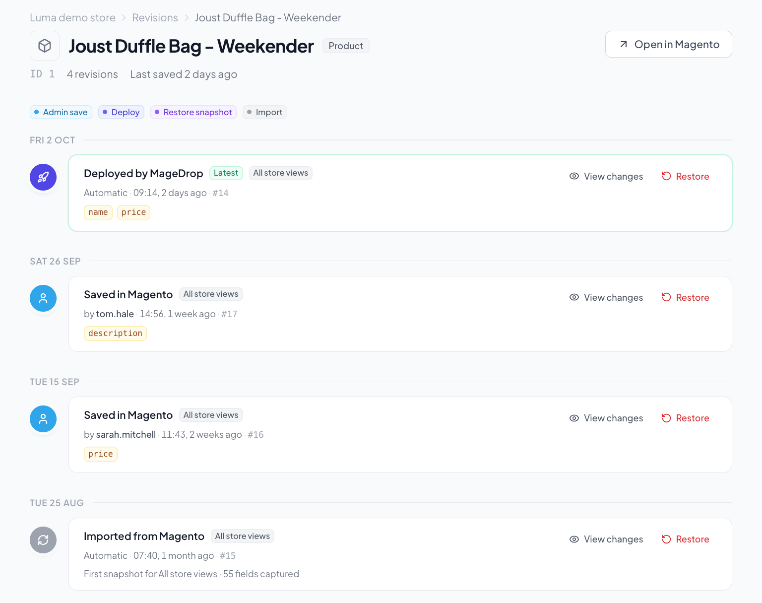 The revision history of a product in MageDrop: each save and deploy with who made it, when, which fields changed, and View changes and Restore actions.