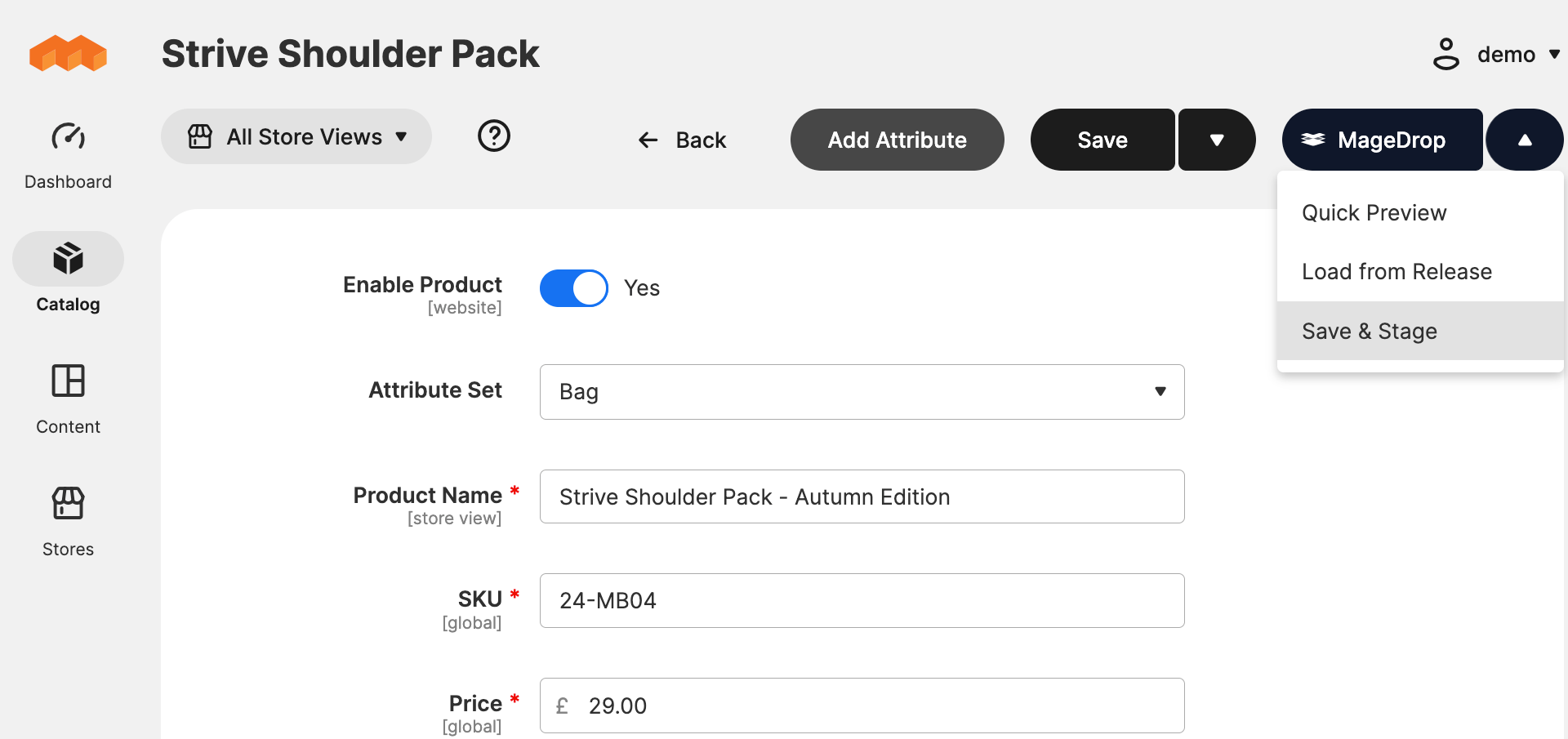 A product being edited in the Magento admin with the MageDrop menu open: Quick Preview, Load from Release and Save & Stage.